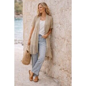 Chicos Linen Blend Crochet Duster Cardigan Open Front Boho Coastal Neutral Sz L